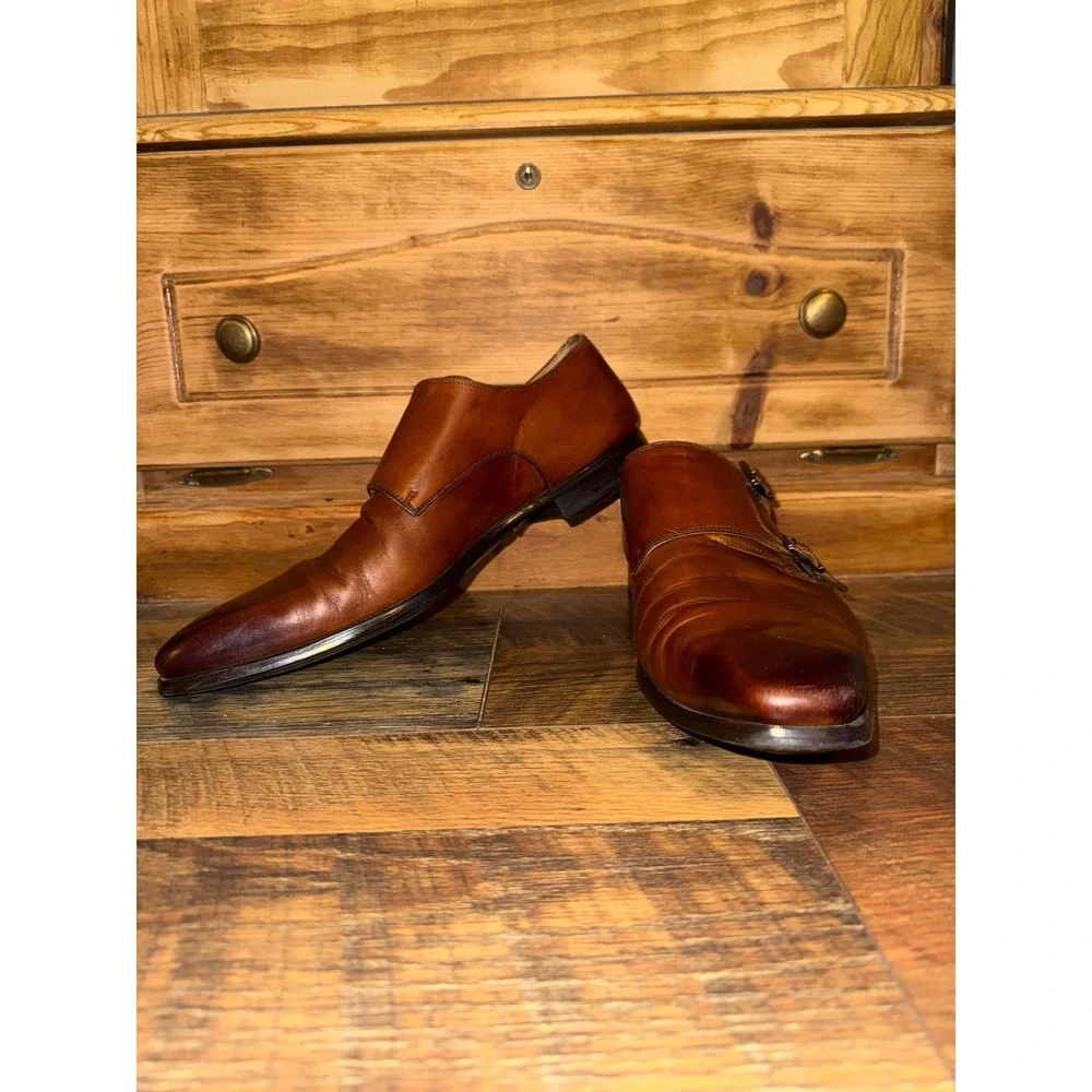 Magnanni Men 10.5 M Brown Leather Double Monk Strap Dress Shoes 19737